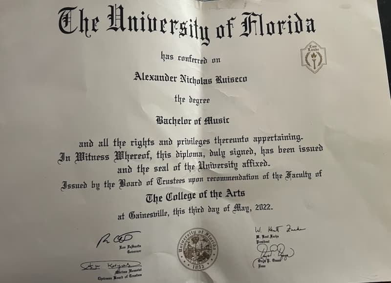 Verified degree or teaching certification of Alexander