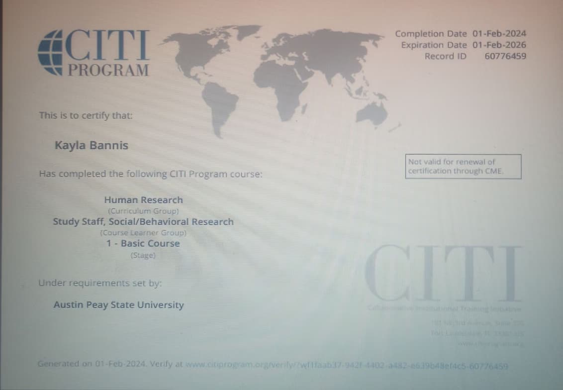 Verified degree or teaching certification of Kayla