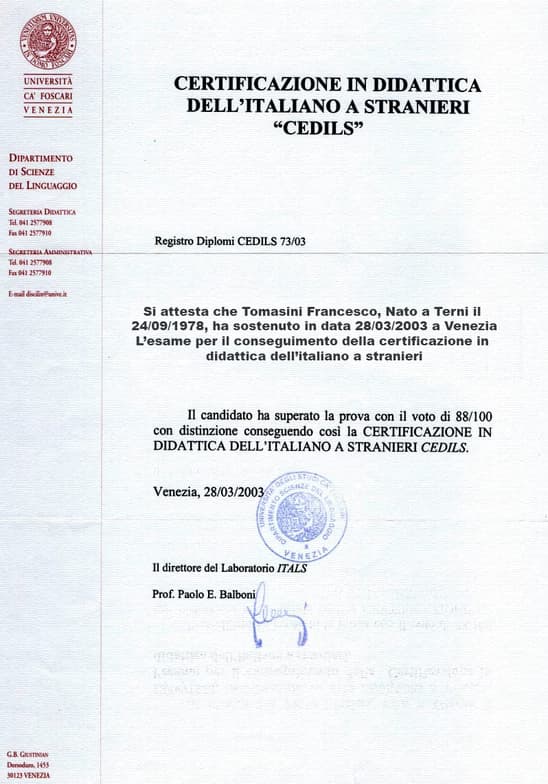 Verified degree or teaching certification of Francesco 