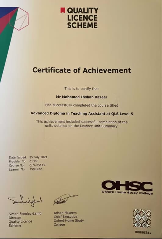 Verified degree or teaching certification of Ihshan