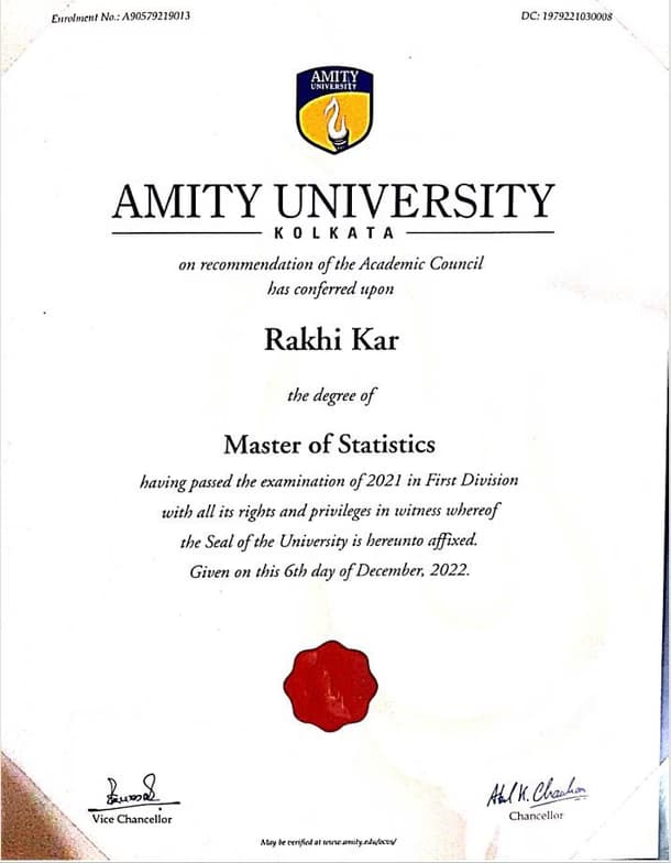Verified degree or teaching certification of Rakhi 