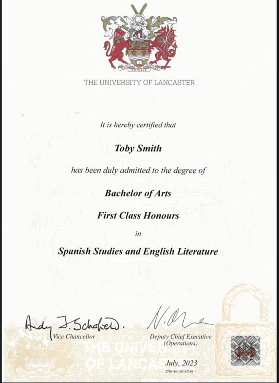 Verified degree or teaching certification of Toby 