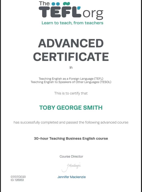 Verified degree or teaching certification of Toby 