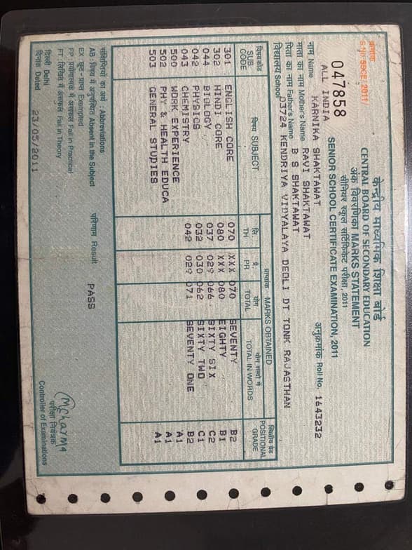 Verified degree or teaching certification of Karnika 