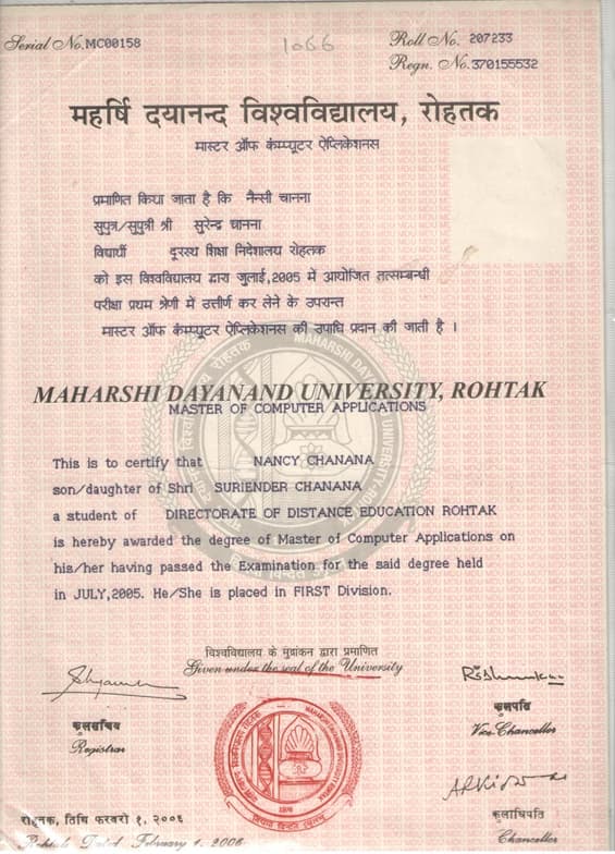 Verified degree or teaching certification of nancy