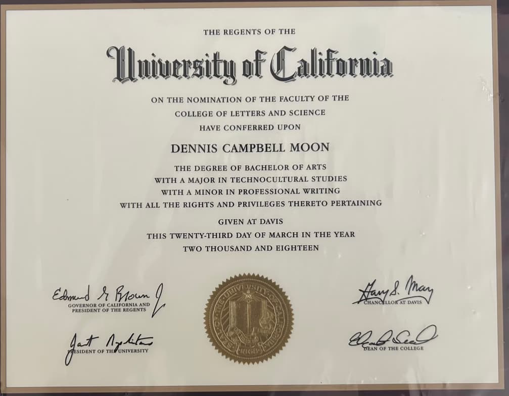 Verified degree or teaching certification of Dennis 