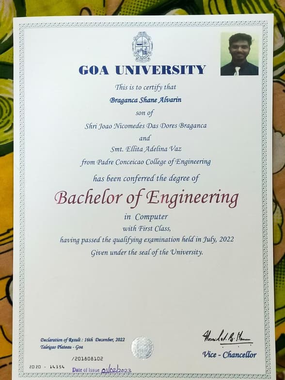 Verified degree or teaching certification of Shane 