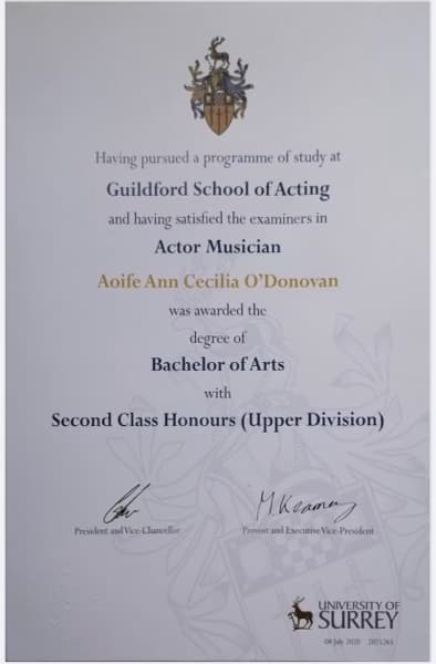 Verified degree or teaching certification of Aoife 