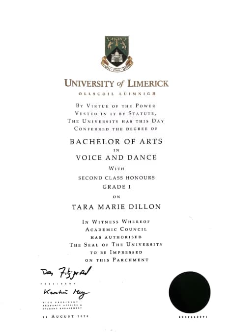 Verified degree or teaching certification of Tara 