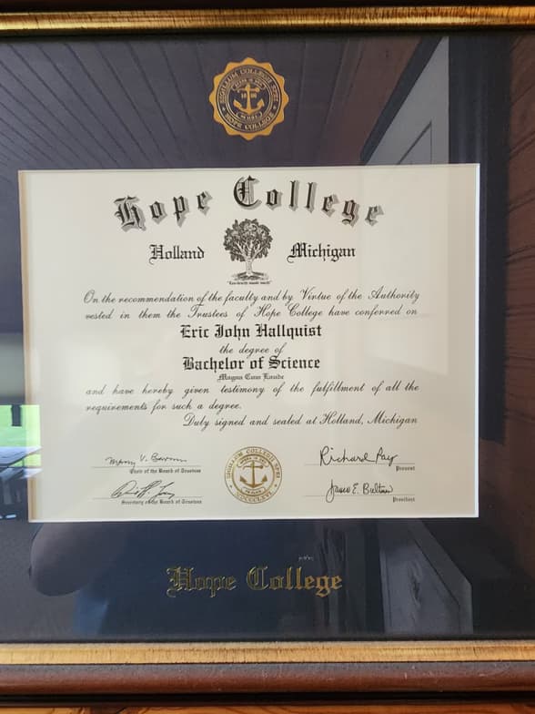Verified degree or teaching certification of Eric 