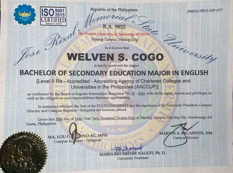 Verified degree or teaching certification of Welven 