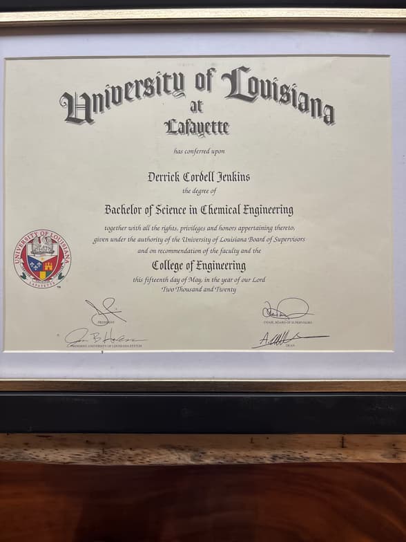 Verified degree or teaching certification of Derrick