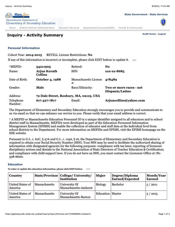 Verified degree or teaching certification of Arjun 