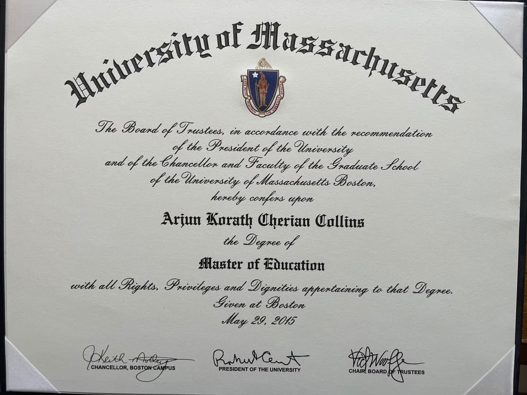 Verified degree or teaching certification of Arjun 
