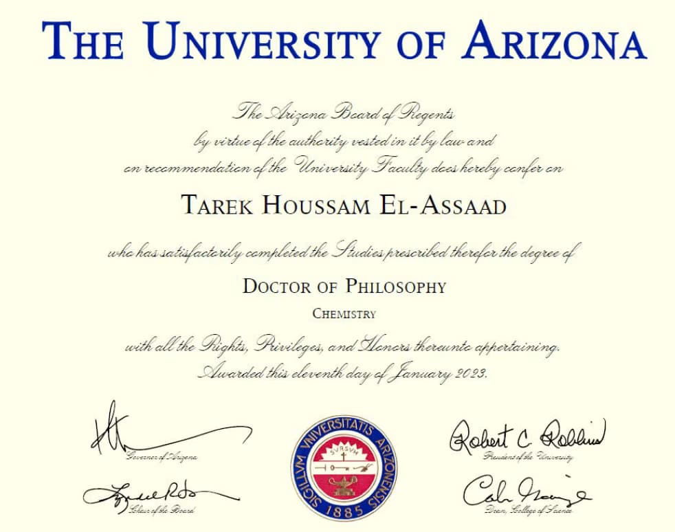 Verified degree or teaching certification of Tarek 