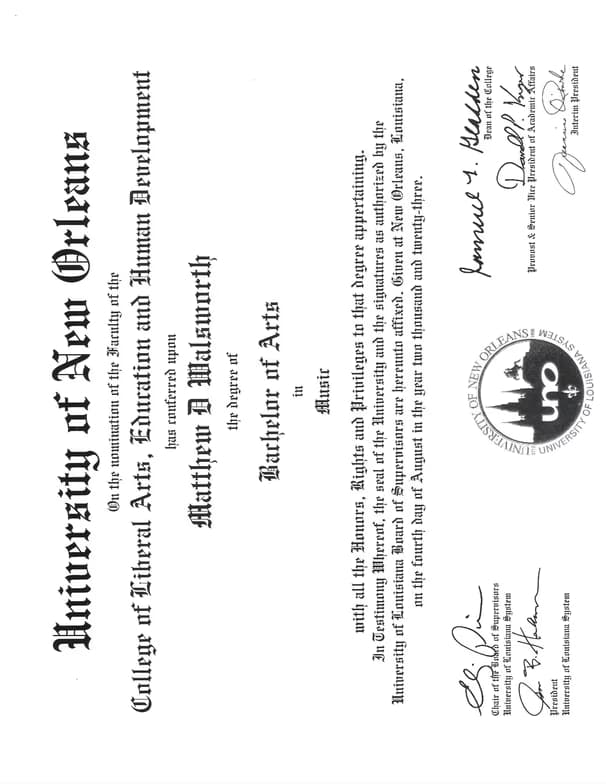 Verified degree or teaching certification of Matthew 