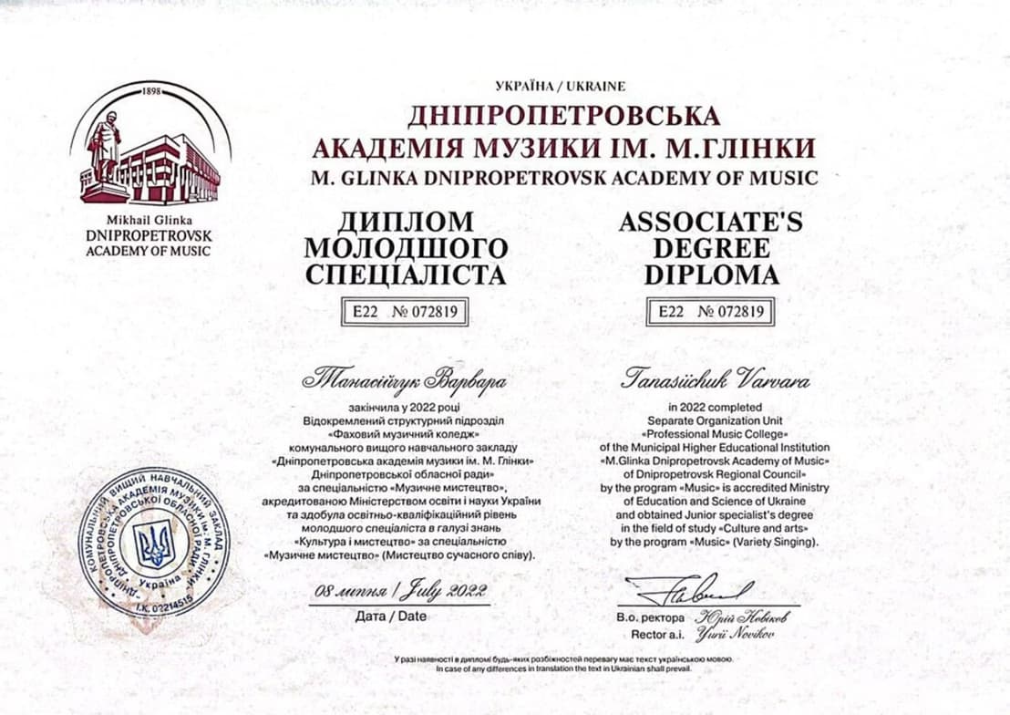 Verified degree or teaching certification of Varvara  