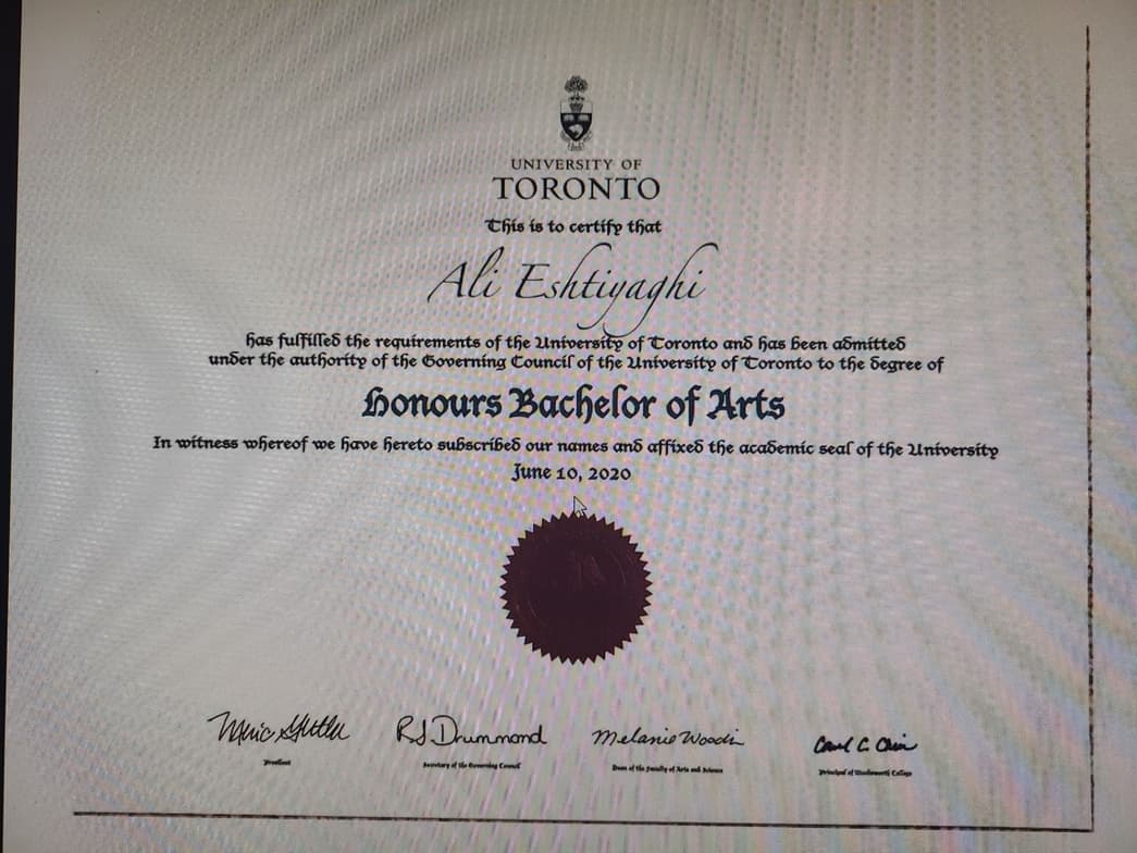 Verified degree or teaching certification of Ali 