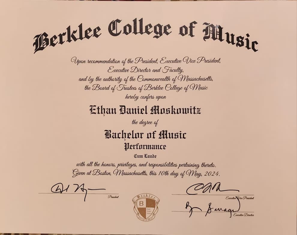 Verified degree or teaching certification of Ethan