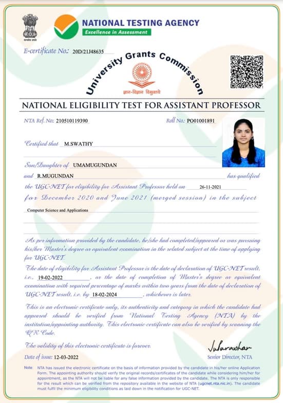 Verified degree or teaching certification of Swathy 