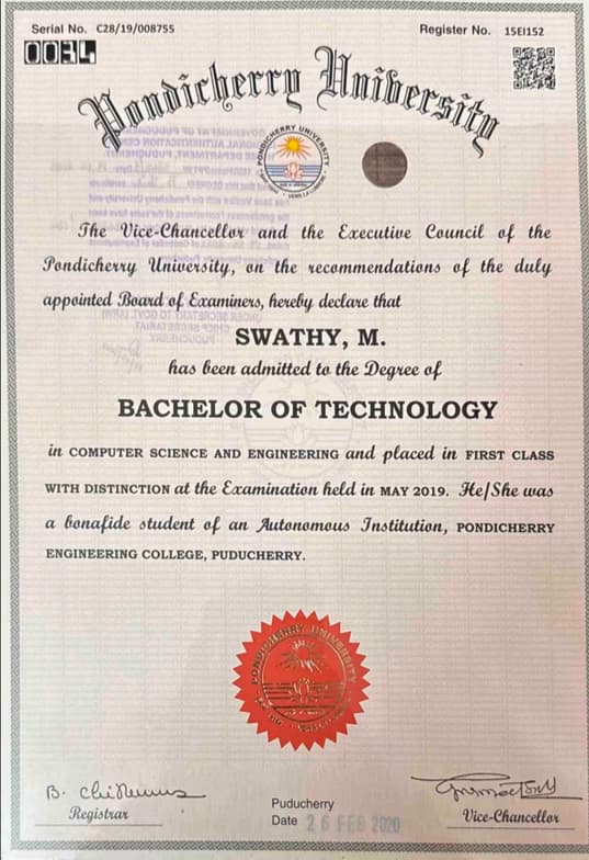 Verified degree or teaching certification of Swathy 