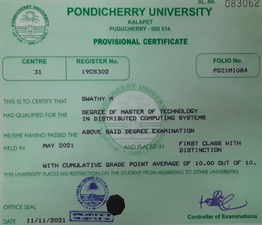Verified degree or teaching certification of Swathy 