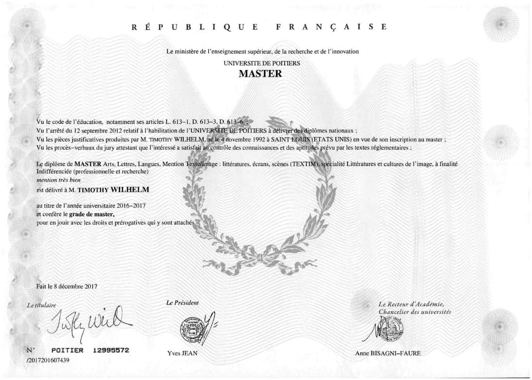 Verified degree or teaching certification of Tim 