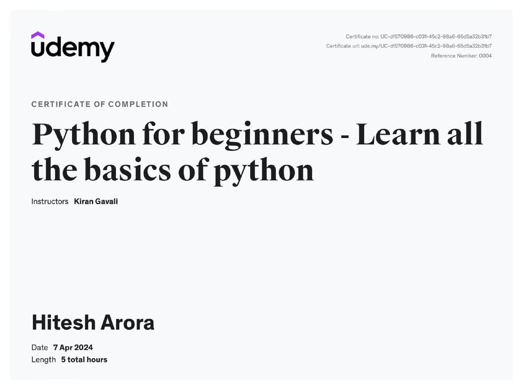 Verified degree or teaching certification of Hitesh 