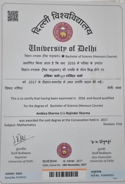 Verified degree or teaching certification of ambica