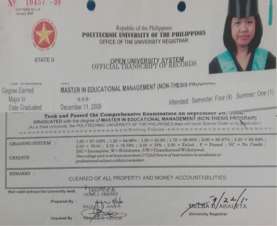 Verified degree or teaching certification of Maria Rosario