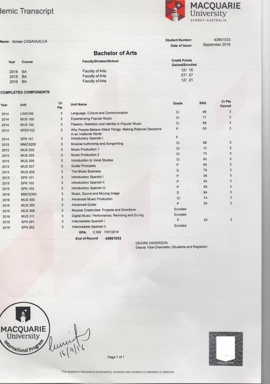 Verified degree or teaching certification of Aimee 