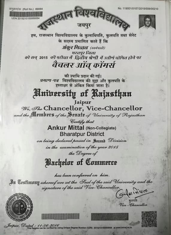 Verified degree or teaching certification of Ankur