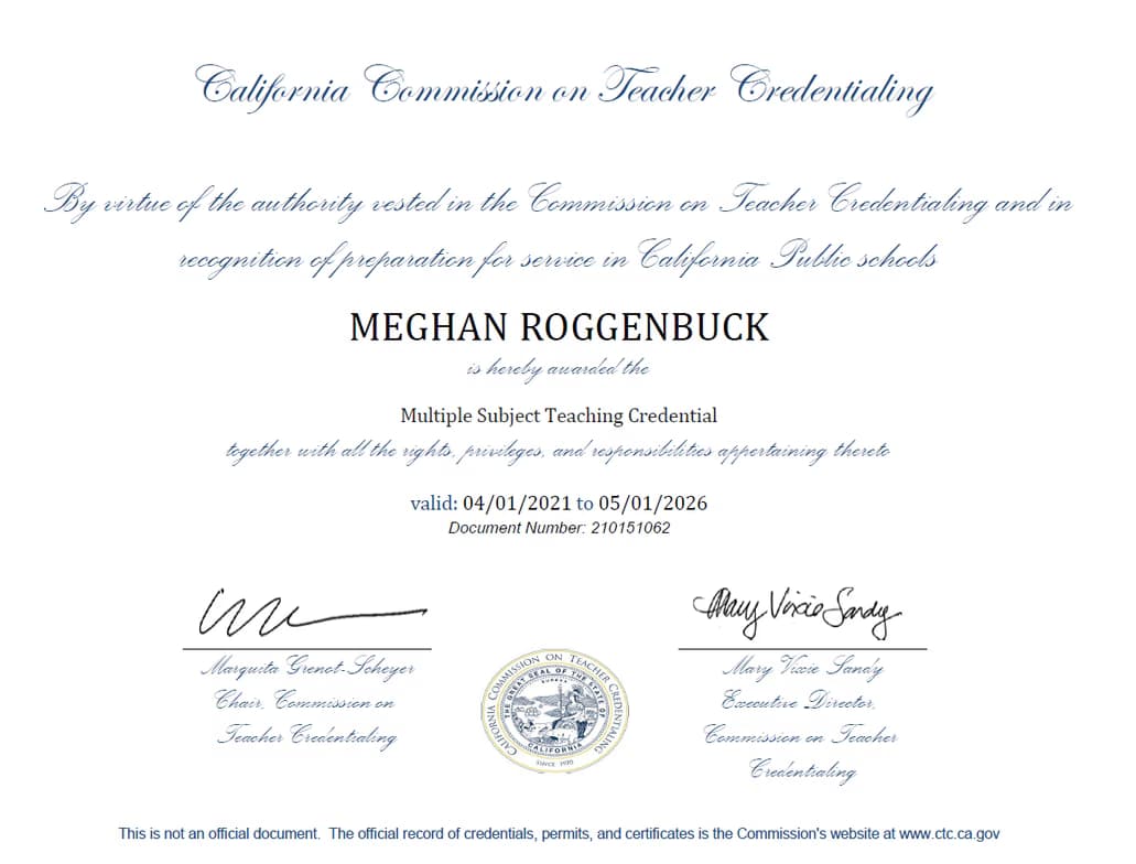 Verified degree or teaching certification of Meghan 