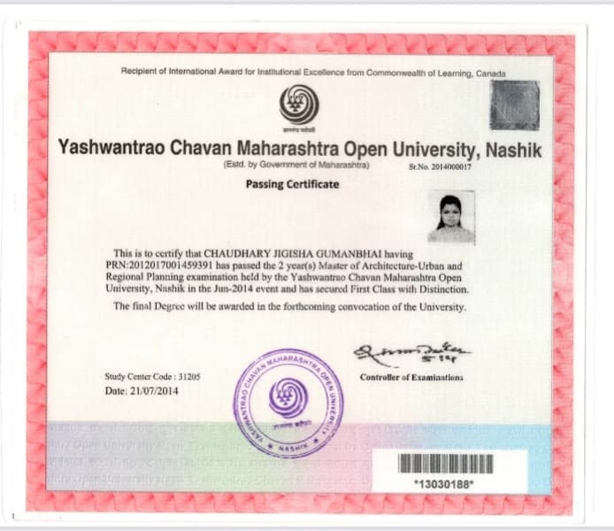 Verified degree or teaching certification of Jigisha 