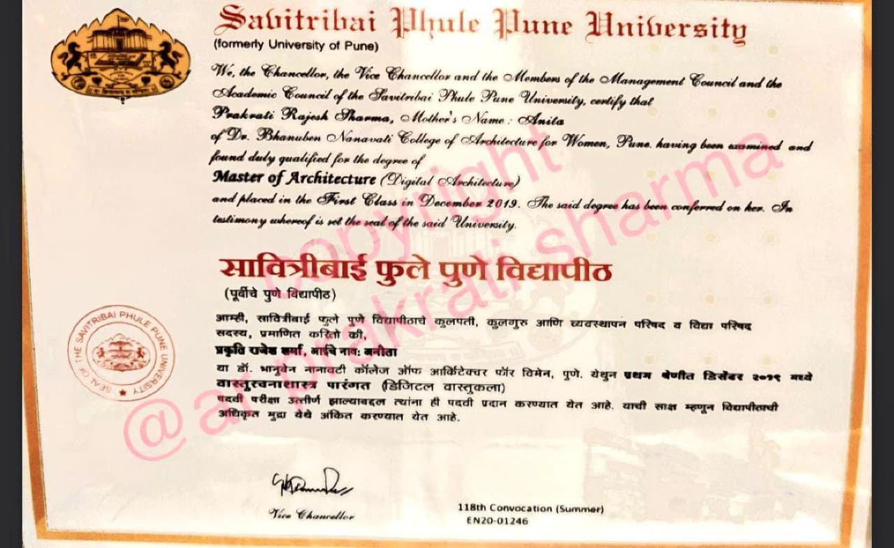 Verified degree or teaching certification of Ar.Prakrati