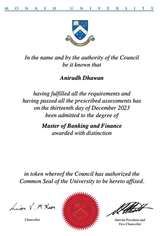 Verified degree or teaching certification of Anirudh 