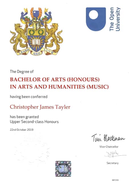 Verified degree or teaching certification of Christopher 