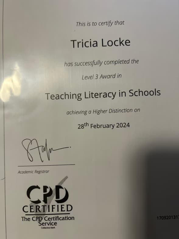 Verified degree or teaching certification of Tricia