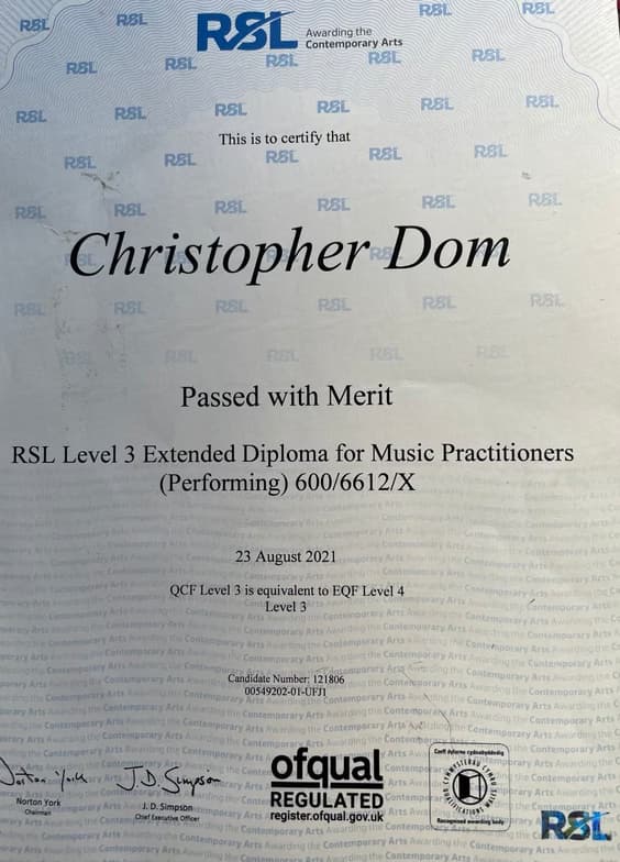 Verified degree or teaching certification of Christopher
