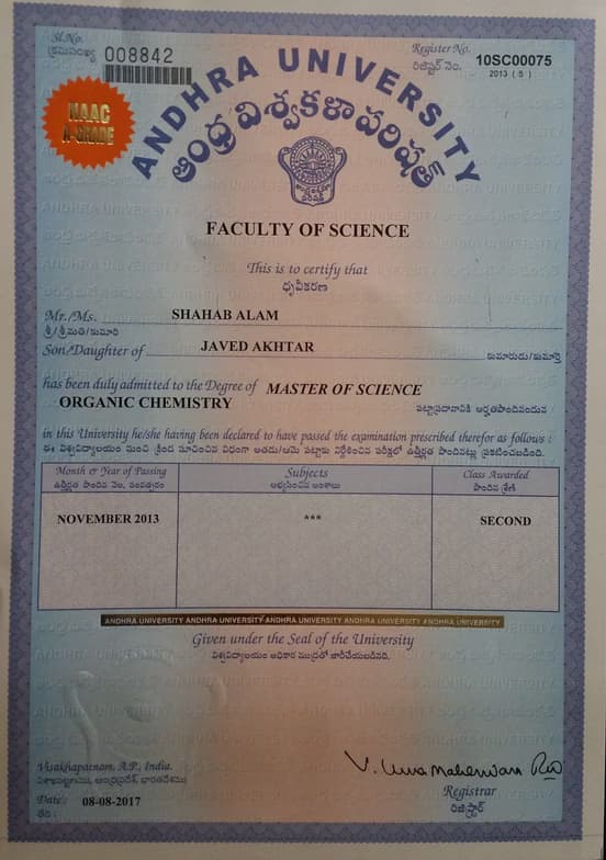 Verified degree or teaching certification of SHAHAB 