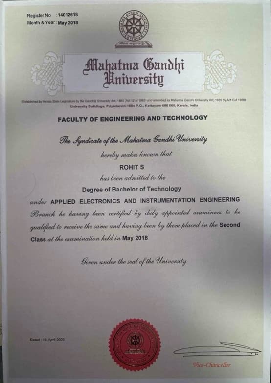 Verified degree or teaching certification of Rohit  