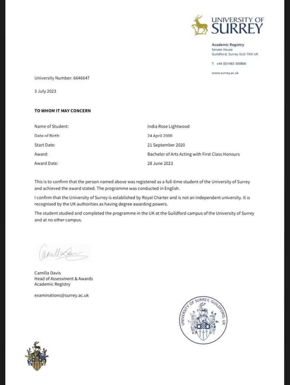 Verified degree or teaching certification of India Rose 