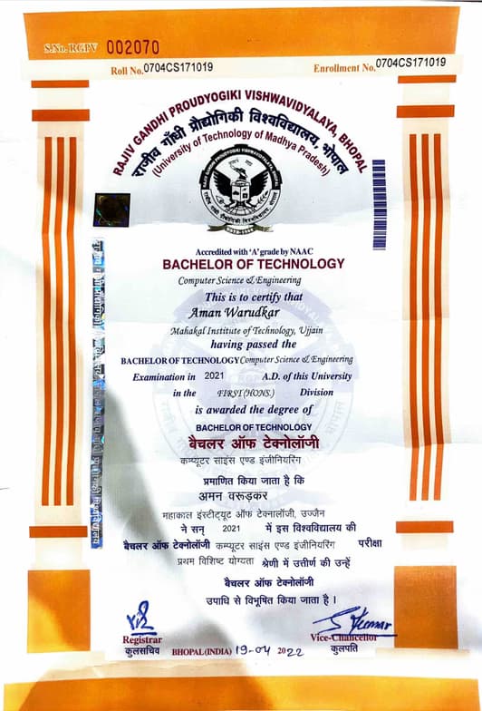 Verified degree or teaching certification of Aman 