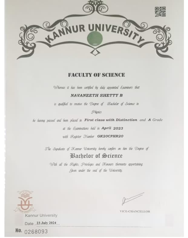 Verified degree or teaching certification of Navaneeth 