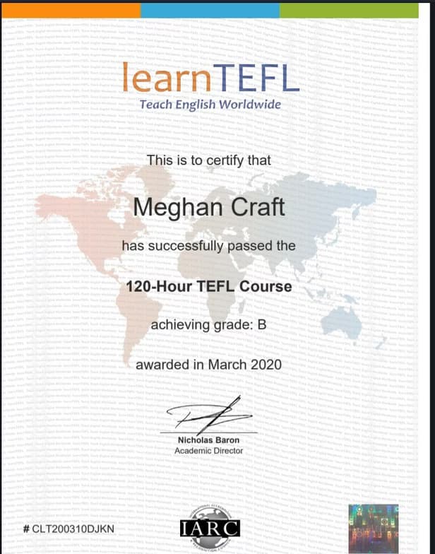 Verified degree or teaching certification of Meghan 