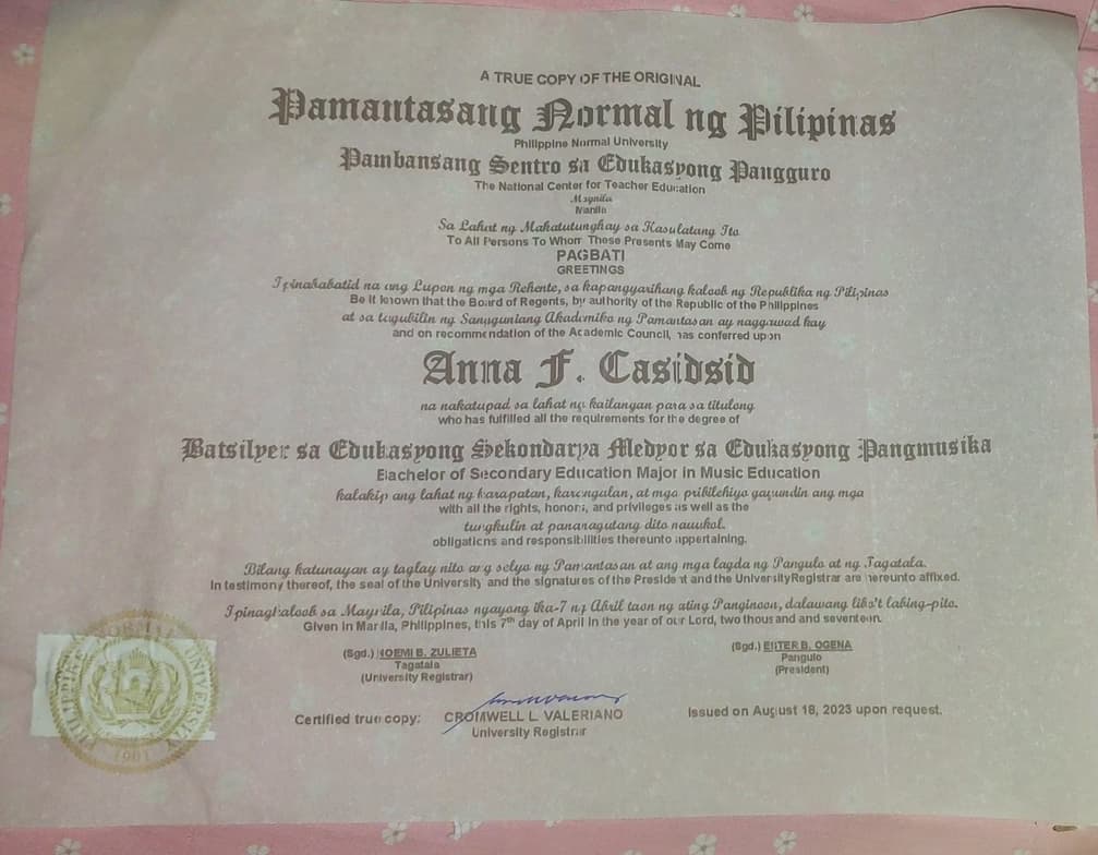 Verified degree or teaching certification of Anna 