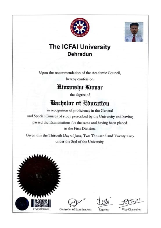 Verified degree or teaching certification of Himanshu 