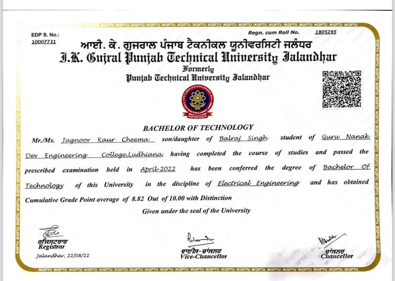 Verified degree or teaching certification of Jagnoor kaur 