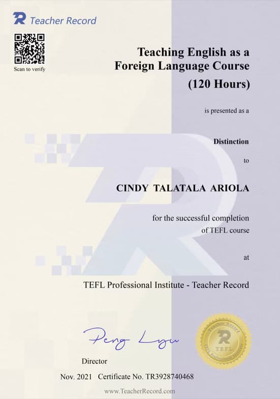 Verified degree or teaching certification of cindy 