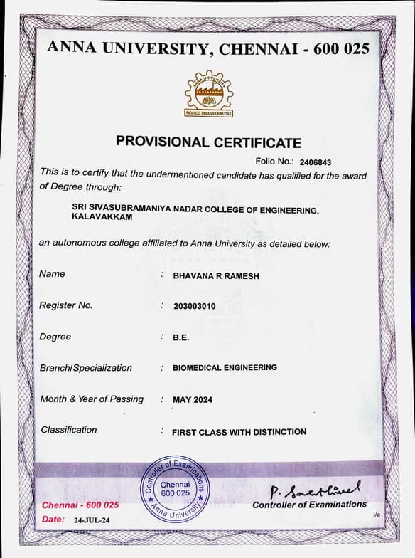 Verified degree or teaching certification of Bhavana 